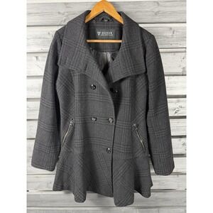 Guess Trench Coat Womens L Gray Plaid Wool Blend Double Breasted Jacket